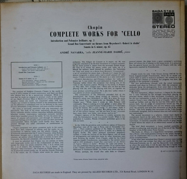 Chopin, Navarra - Introduction And Polonaise Brillante / Grand Duo Concertante On Themes From Meyerbeer’s ‘Robert Le Diable’ / Cello Sonata In G Minor, Op. 65 (VG+) (Vinyl LP)