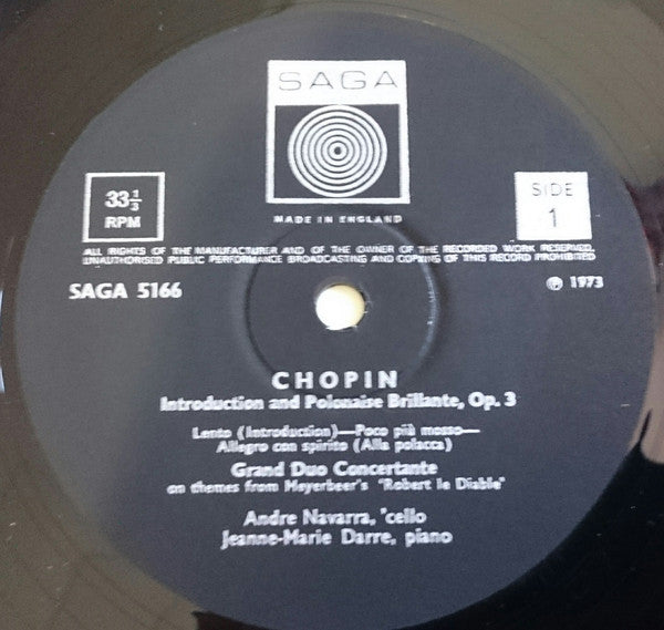 Chopin, Navarra - Introduction And Polonaise Brillante / Grand Duo Concertante On Themes From Meyerbeer’s ‘Robert Le Diable’ / Cello Sonata In G Minor, Op. 65 (VG+) (Vinyl LP)