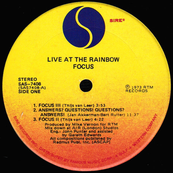 Focus  - Live At The Rainbow (VG+) (Vinyl LP)
