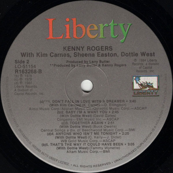 Rogers, Kenny With Kim Carnes, Sheena Easton & Dottie West - Duets (Vinyl, VG+) (Vinyl LP)