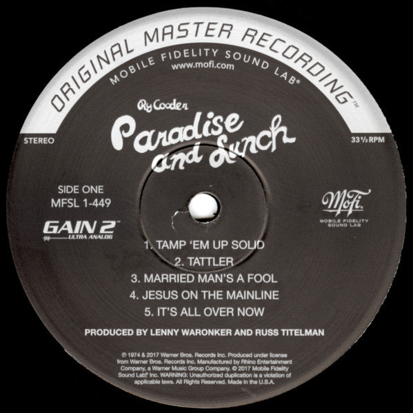 Cooder, Ry - Paradise And Lunch (Vinyl, NM or M-) (Vinyl LP)
