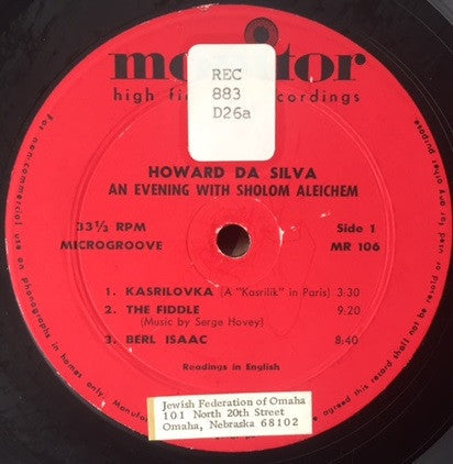 Da Silva, Howard - An Evening With Sholom Aleichem (VG) (Vinyl LP)