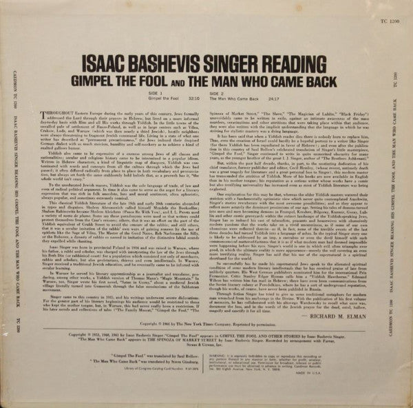 Bashevis, Isaac Singer - Reading Gimpel The Fool And The Man Who Came Back (Vinyl, M) (Vinyl LP)
