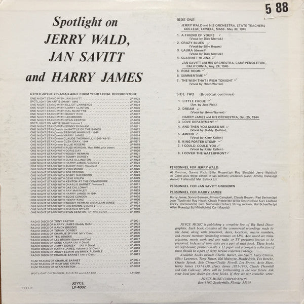 Wald, Jerry with Jan Savitt And Harry James  - Spotlight On Jerry Wald, Jan Savitt And Harry James (M) (Vinyl LP)