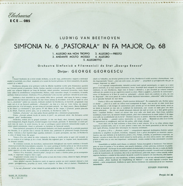 Beethoven - Orchestra Simfonica A Filarmonicii De Stat "George Enescu" , Dirijor : George Georgescu - Simfonia Nr. 6 "Pastorala" In Fa Major (VG+) (Vinyl LP)