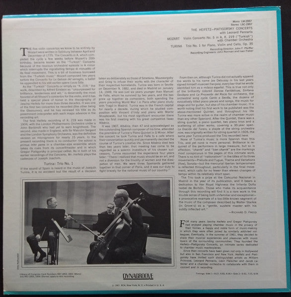 Mozart, Turina, Heifetz, Piatigorsky, Leonard Pennario - Violin Concerto No. 5, K. 219 · Trio No. 1 For Piano, Violin And Cello, Op. 35 (Vinyl, NM or M-) (Vinyl LP)