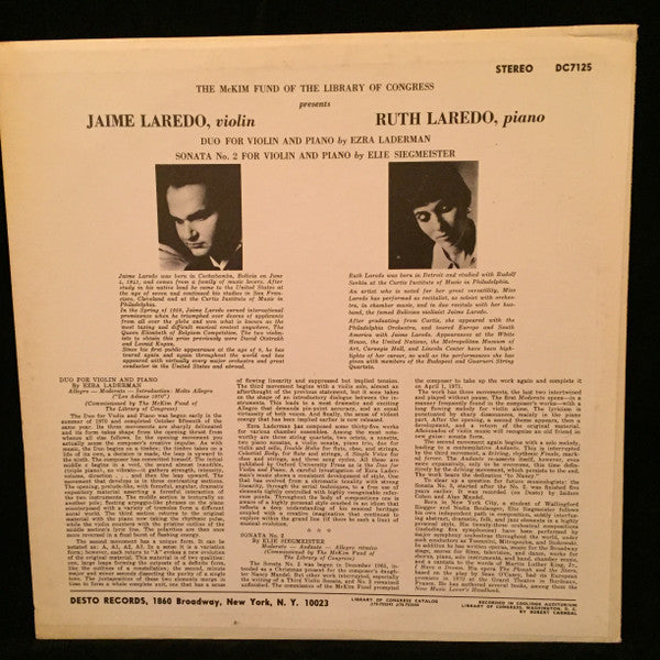 Laderman, Ezra / Elie Siegmeister - Jaime Laredo, Ruth Laredo - Duo For Violin And Piano / Sonata No. 2 (VG+) (Vinyl LP)