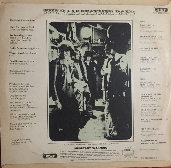 Staymer, Hans Band - The Hans Staymer Band (VG+) (Vinyl LP)