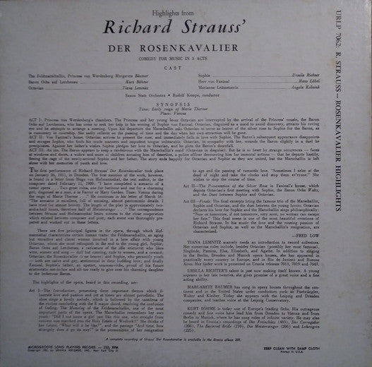 Strauss, Rudolf Kempe, Staatskapelle Dresden, Ursula Richter, Tiana Lemnitz, Kurt Bohme - Der Rosenkavalier (Highlights) (VG+) (Vinyl LP)