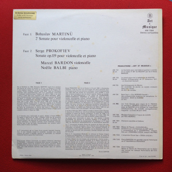 Bohuslav Martinu, Sergei Prokofiev, Marcel Bardon, Noelle Balbi - 2e Sonate Pour Violoncelle Et Piano - Sonate Op.119 Pour Violoncelle Et Piano (NM or M-) (Vinyl LP)