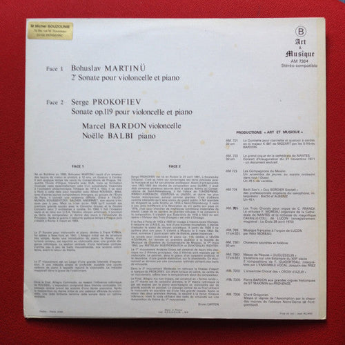 Bohuslav Martinu, Sergei Prokofiev, Marcel Bardon, Noelle Balbi - 2e Sonate Pour Violoncelle Et Piano - Sonate Op.119 Pour Violoncelle Et Piano (NM or M-) (Vinyl LP)