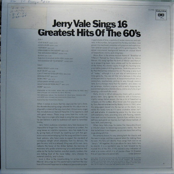 Vale, Jerry - Sings 16 Greatest Hits Of The 60's (VG) (Vinyl LP)