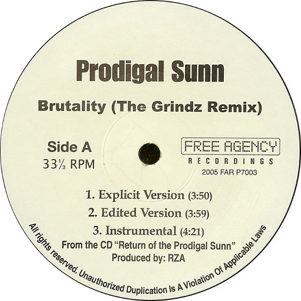 Prodigal Sunn - Brutality (The Grindz Remix) / Puzzled (VG+) (Vinyl LP)