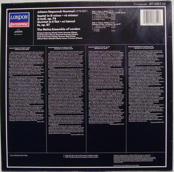 Hummel, Melos Ensemble Of London - Septet, Op. 74 / Quintet, Op. 87 (NM or M-) (Vinyl LP)