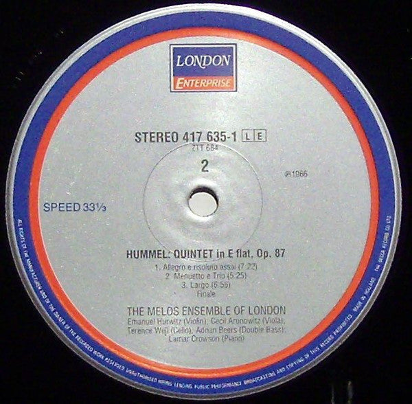 Hummel, Melos Ensemble Of London - Septet, Op. 74 / Quintet, Op. 87 (NM or M-) (Vinyl LP)