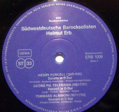 Sudwestdeutsche Barocksolisten, Helmut Erb - Purcell / Teleman / Handel / Albinoni - Helmut Erb Spielt Werke Von Telemann, Albinoni, Handel, Purcell  (NM or M-) (Vinyl LP)