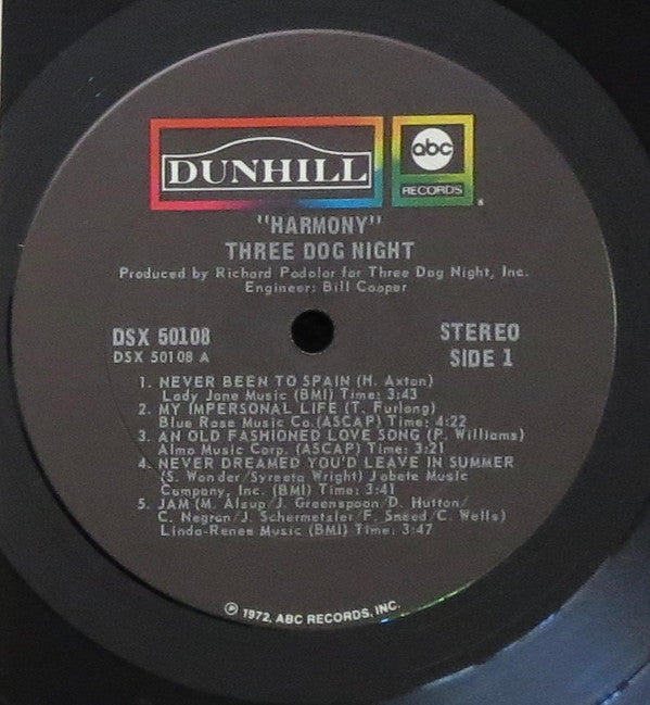 Three Dog Night - Harmony (VG+) (Vinyl LP)