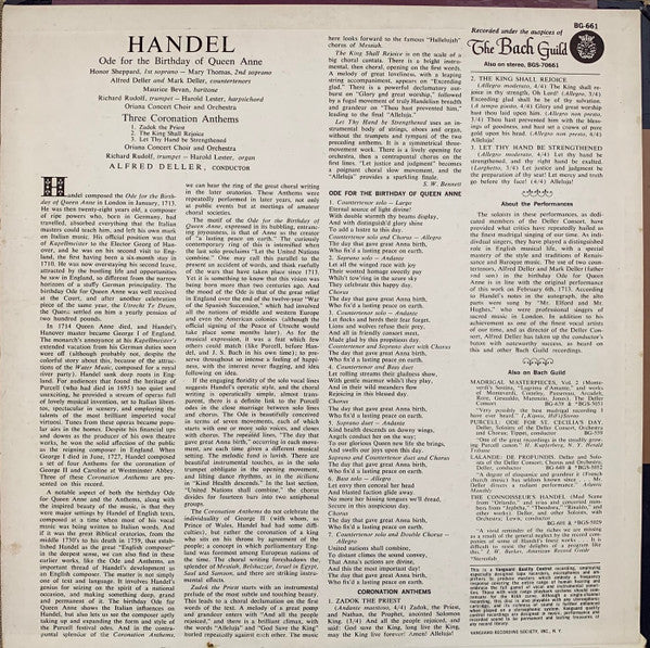 Handel - Oriana Concert Orchestra, London Oriana Choir, Alfred Deller - Handel: Ode For The Birthday Of Queen Anne, Three Coronation Anthems (VG+) (Vinyl LP)