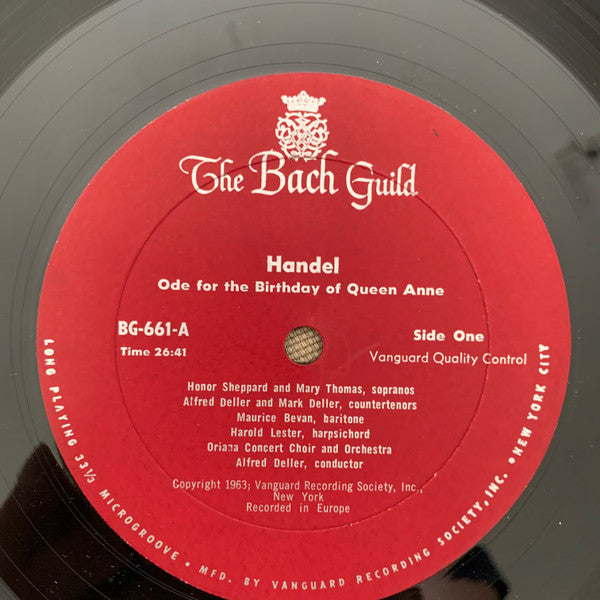 Handel - Oriana Concert Orchestra, London Oriana Choir, Alfred Deller - Handel: Ode For The Birthday Of Queen Anne, Three Coronation Anthems (VG+) (Vinyl LP)