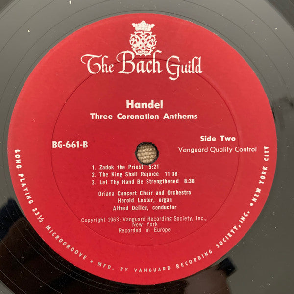 Handel - Oriana Concert Orchestra, London Oriana Choir, Alfred Deller - Handel: Ode For The Birthday Of Queen Anne, Three Coronation Anthems (VG+) (Vinyl LP)