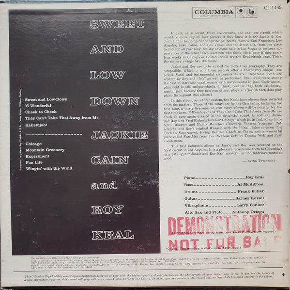 Cain, Jackie & Roy Kral - Sweet And Lowdown (NM or M-) (Vinyl LP)