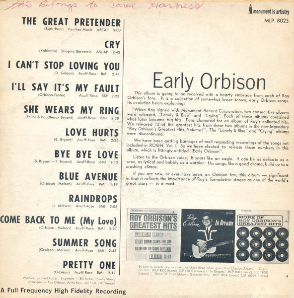 Orbison, Roy - Early Orbison (Vinyl, VG+) (Vinyl LP)