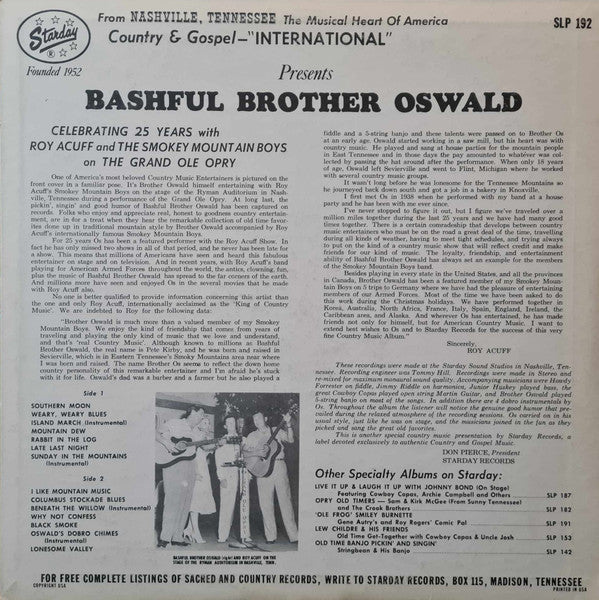 Bashful Brother Oswald - Celebrating 25 Years With Roy Acuff And The Smokey Mountain Boys On The Grand Ole Opry (Vinyl, VG+) (Vinyl LP)