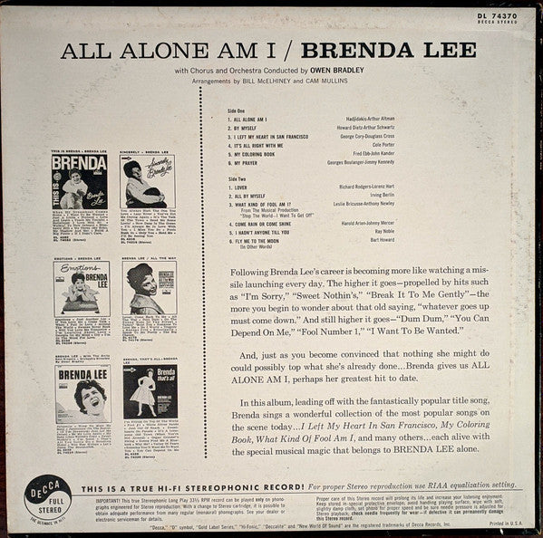 Lee, Brenda - All Alone Am I (VG) (Vinyl LP)