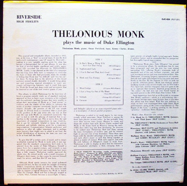Monk, Thelonious - Thelonious Monk Plays Duke Ellington (Vinyl, NM or M-) (Vinyl LP)