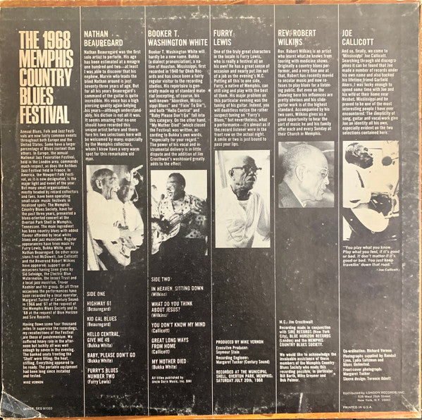 White, Bukka / Nathan Beauregard / Joe Callicott / Furry Lewis / Rev. Robert Wilkins* - The 1968 Memphis Country Blues Festival (VG+) (Vinyl LP)