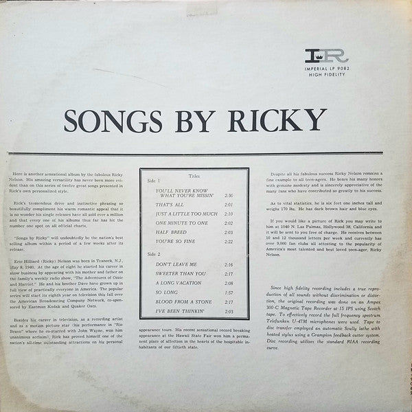 Nelson, Ricky  - Songs By Ricky (VG+) (Vinyl LP)