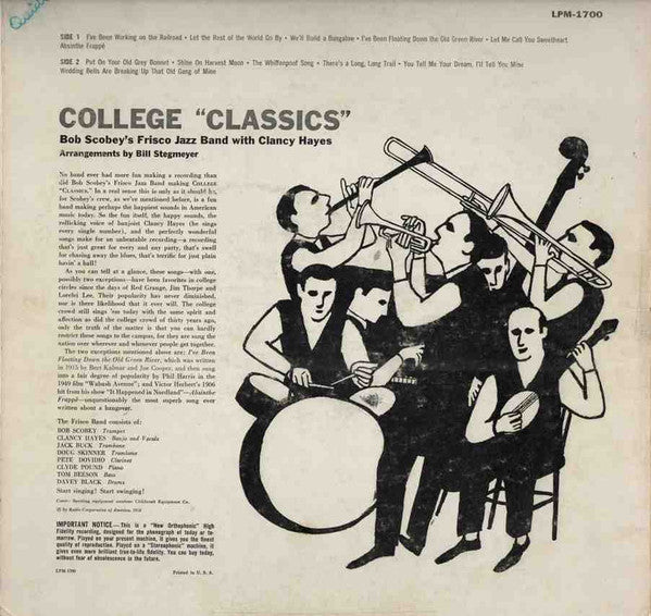 Scobey's, Bob Frisco Band With Clancy Hayes - College Classics (VG) (Vinyl LP)