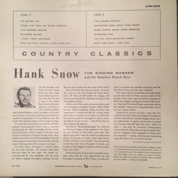 Snow, Hank The Singing Ranger And His Rainbow Ranch Boys* - Country Classics (Vinyl, VG) (Vinyl LP)