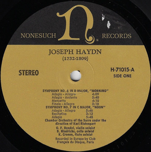 Haydn, Karl Ristenpart Conducting The Chamber Orchestra Of The Sarre* - Symphony No. 6 "Morning" / Symphony No. 7 "Noon" / Symphony No. 8 "Evening" (NM or M-) (Vinyl LP)