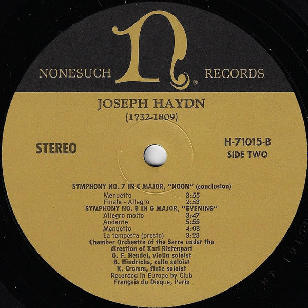 Haydn, Karl Ristenpart Conducting The Chamber Orchestra Of The Sarre* - Symphony No. 6 "Morning" / Symphony No. 7 "Noon" / Symphony No. 8 "Evening" (NM or M-) (Vinyl LP)