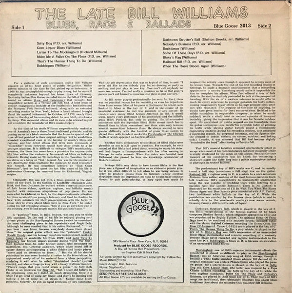 Williams, Late Bill - Blues, Rags, And Ballads (Vinyl, VG) (Vinyl LP)