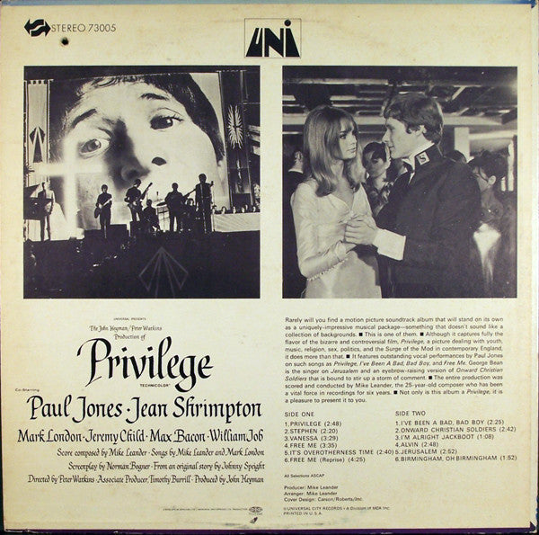Privilege (Original Soundtrack Album) (VG) (Vinyl LP)