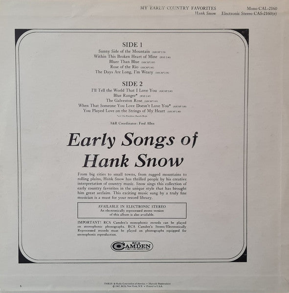 Snow, Hank - My Early Country Favorites (Vinyl, VG) (Vinyl LP)