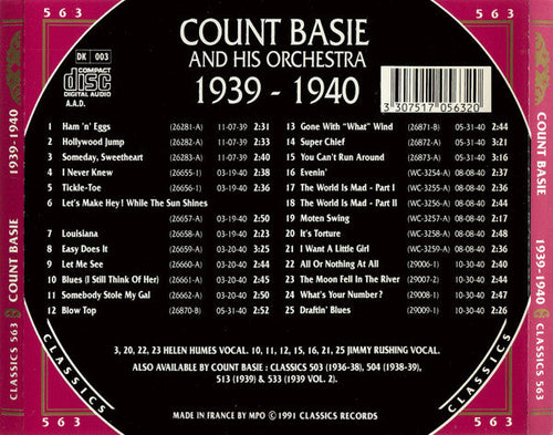 Basie, Count And His Orchestra - 1939-1940 (CD, VG+) (Vinyl LP)