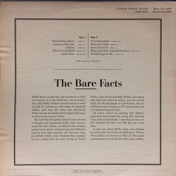 Bare, Bobby - Folsom Prison Blues (VG+) (Vinyl LP)
