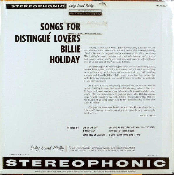 Holiday, Billie - Songs For Distingue Lovers (Vinyl, VG+) (Vinyl LP)