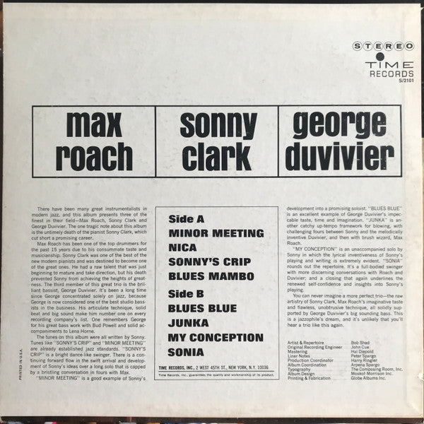 Roach, Max with Sonny Clark, George Duvivier - Max Roach, Sonny Clark, George Duvivier (VG) (Vinyl LP)