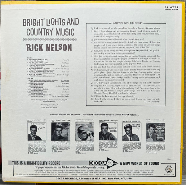 Nelson, Ricky - Bright Lights And Country Music  (VG+) (Vinyl LP)
