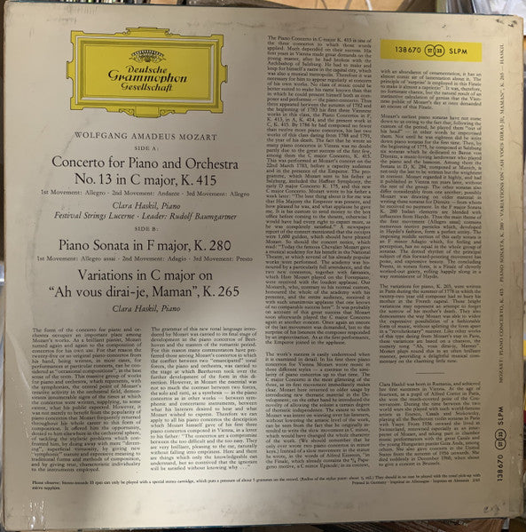 Mozart, Clara Haskil, Festival Strings Lucerne, Rudolf Baumgartner - Klavierkonzert Nr. 13 C-dur KV 415 = Piano Concerto No. 13 In C Major, K.415 (Vinyl, VG+) (Vinyl LP)