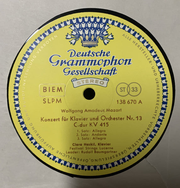 Mozart, Clara Haskil, Festival Strings Lucerne, Rudolf Baumgartner - Klavierkonzert Nr. 13 C-dur KV 415 = Piano Concerto No. 13 In C Major, K.415 (Vinyl, VG+) (Vinyl LP)