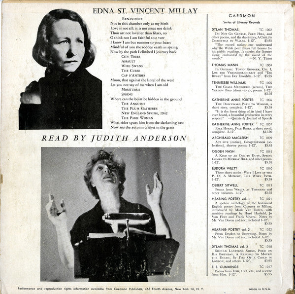 Anderson, Judith - Poetry Of Edna St. Vincent Millay (Vinyl, VG) (Vinyl LP)