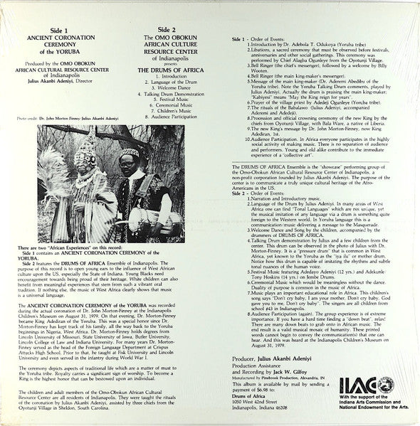 Omo Obokun African Resource Center Of Indianapolis , Presents: Yoruba  - Ancient Coronation Ceremony And Music Of The Yoruba - Recorded In Concert (Vinyl, VG) (Vinyl LP)
