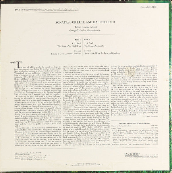 Bream, Julian / George Malcolm, Bach / Vivaldi - Sonatas For Lute And Harpsichord (Vinyl, VG+) (Vinyl LP)