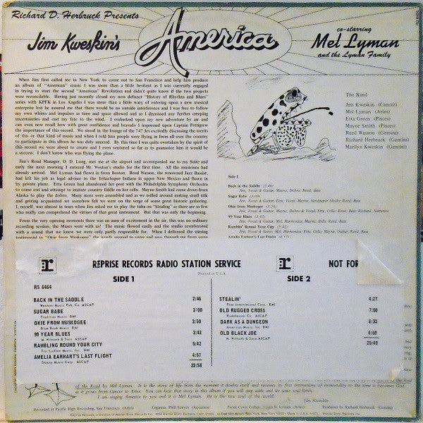 Herbruck, Richard D. with Jim Kweskin Co-Starring Mel Lyman And The Lyman Family - Jim Kweskin's America  (VG+) (Vinyl LP)