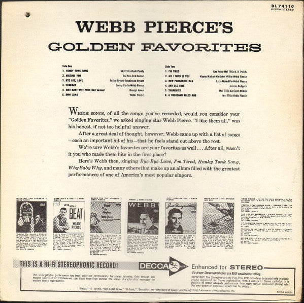 Pierce, Webb - Webb Pierce's Golden Favorites (Vinyl, VG) (Vinyl LP)